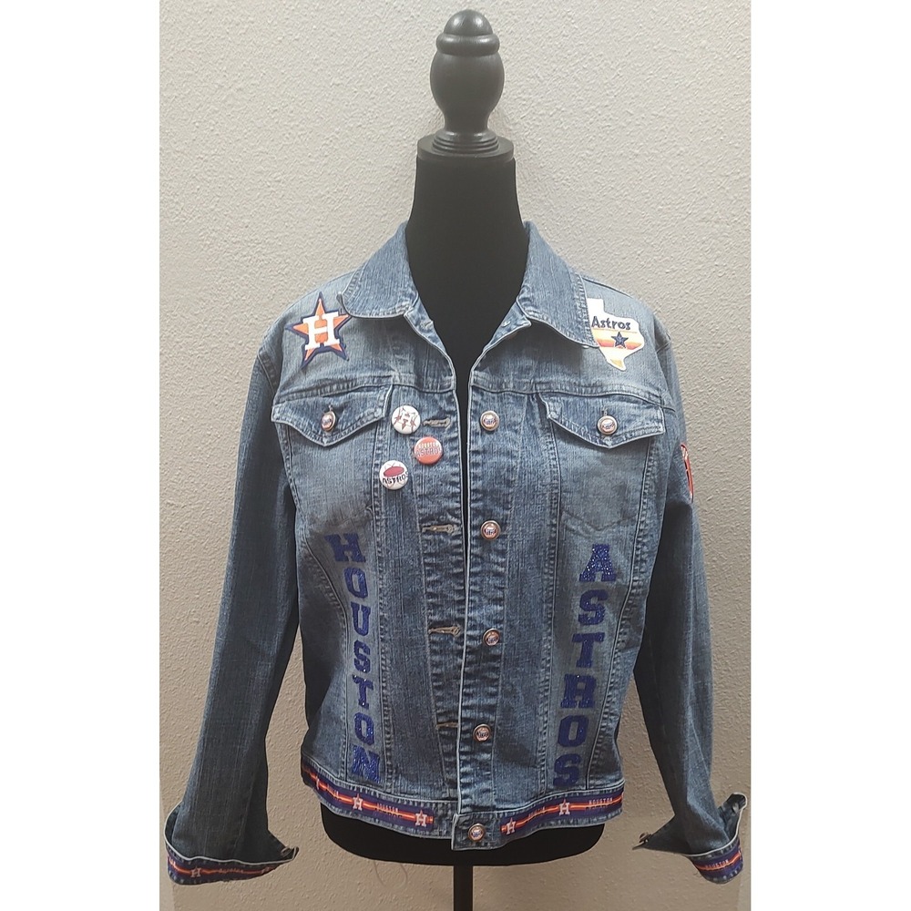 Custom Women's Medium Houston Astros Denim Jacket patches pins Jean Jacket B4